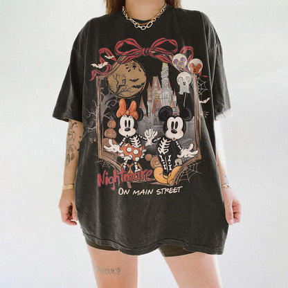 Vintage Nightmare On Main Street Shirt, Retro Mickey Minnie Skeleton Tee, Disneyworld Halloween Party Top, Spooky Season Dad Gift