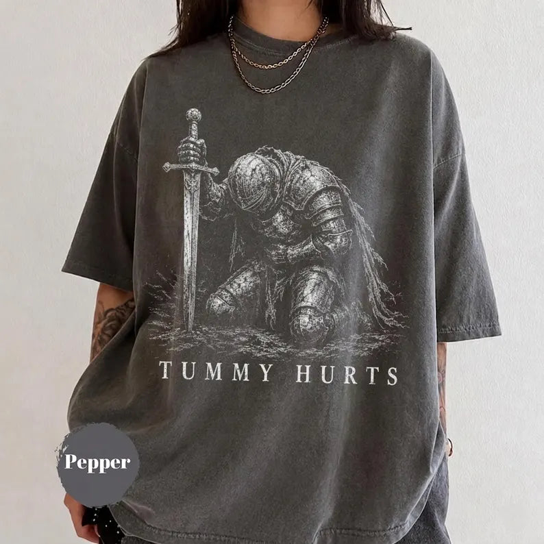 Comfort Colors® Tummy Hurts Knight Shirt, Funny Dark Fantasy Graphic Tee, Ironic Meme T-Shirt, Gamer Girl Gift, Retro Elden Knight Top