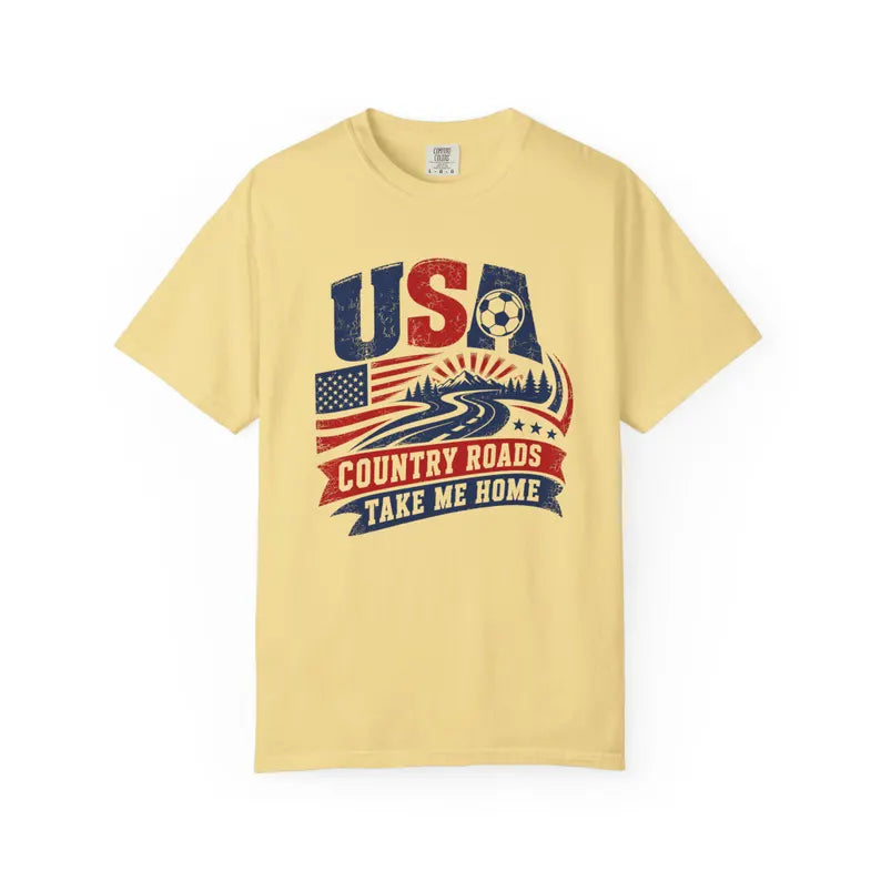 Comfort Colors Shirt, USA Soccer Shirt, Country Roads Take Me Home, Soccer Fan Tee Red White Blue Game Day Shirt, Patriotic Sports Fan Gift Comfort Colors