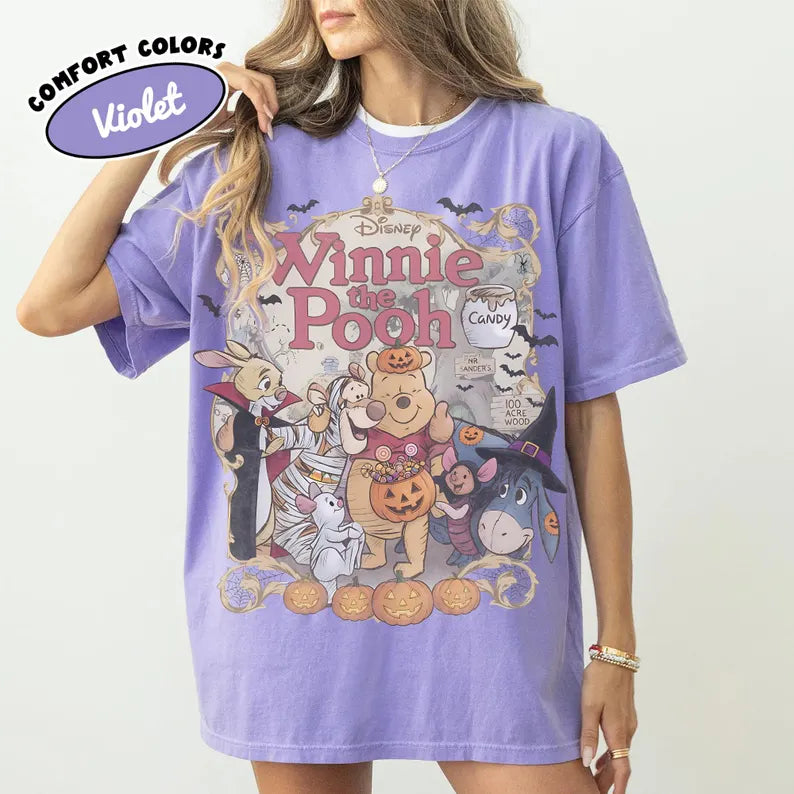 Retro Winnie The Pooh Halloween Shirt, Comfort Colors Disney Spooky Season Tee, Pooh And Friends Trick Or Treat, Disney Family Trip Shirt
