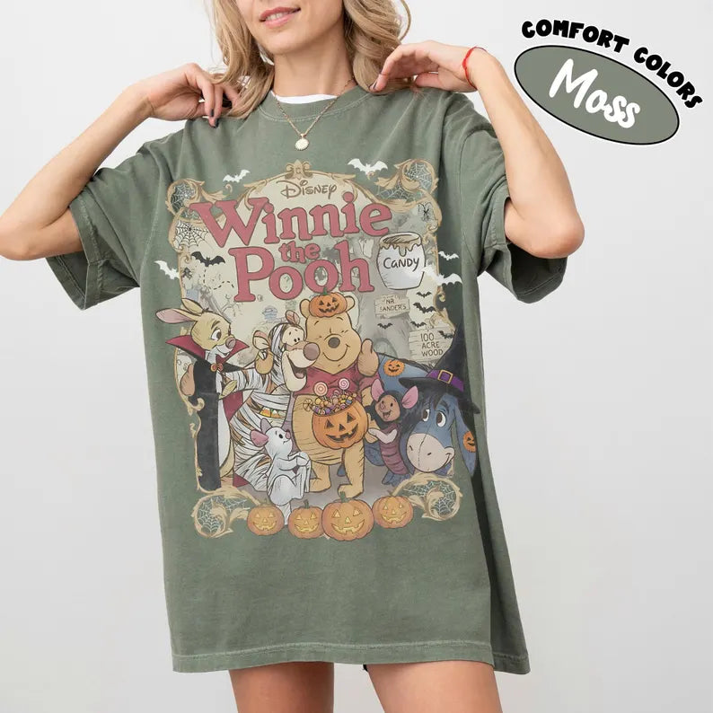 Retro Winnie The Pooh Halloween Shirt, Comfort Colors Disney Spooky Season Tee, Pooh And Friends Trick Or Treat, Disney Family Trip Shirt