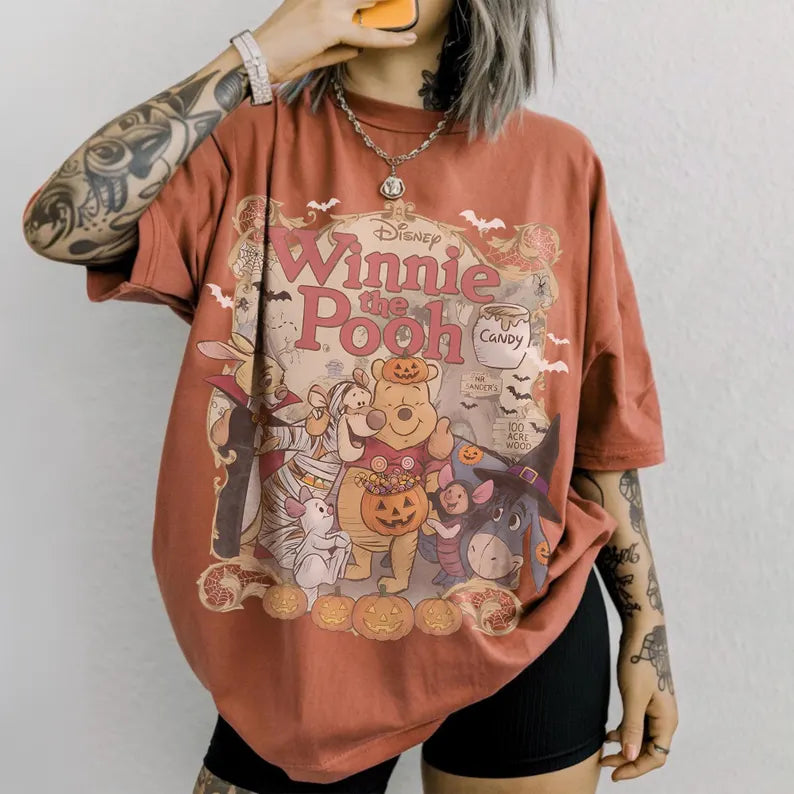 Retro Winnie The Pooh Halloween Shirt, Comfort Colors Disney Spooky Season Tee, Pooh And Friends Trick Or Treat, Disney Family Trip Shirt