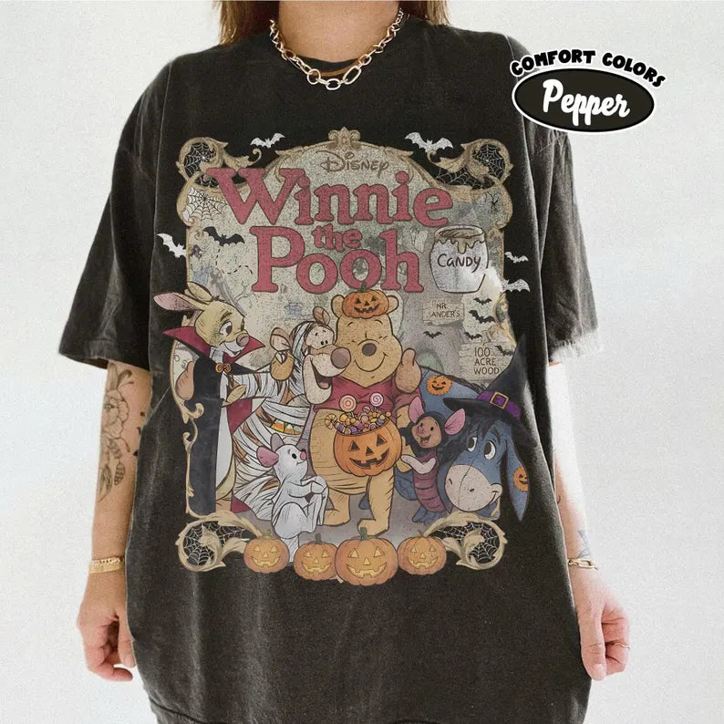 Retro Winnie The Pooh Halloween Shirt, Comfort Colors Disney Spooky Season Tee, Pooh And Friends Trick Or Treat, Disney Family Trip Shirt