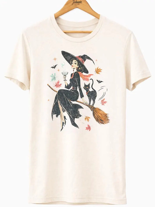 Comfort Colors® Vintage Witch & Cat Ringer Tee, Halloween Shirt, Halloween Black Cat Graphic, Spooky Fall Pumpkin Shirt, Retro Witchy Salem Halloween Top